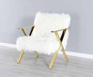 Accent Chair in White Fur Fabrics With Gold Stainless Steel Legs