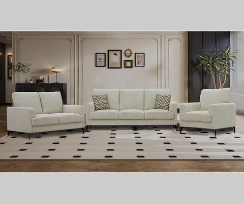 Rhea Sofa Set in Soft Snowflake Velvet Fabrics.