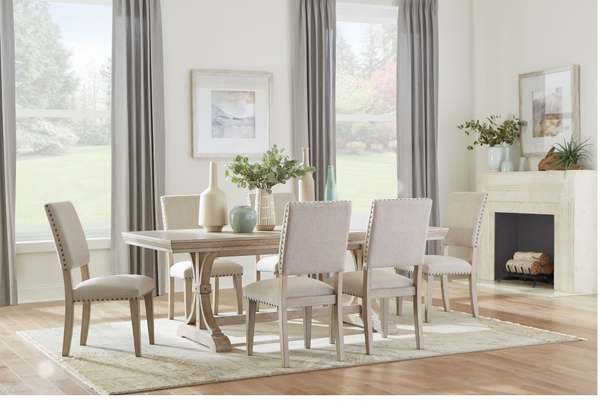 Fallon Wooden Dining Set in Weathered Beige Oak and Chenille.