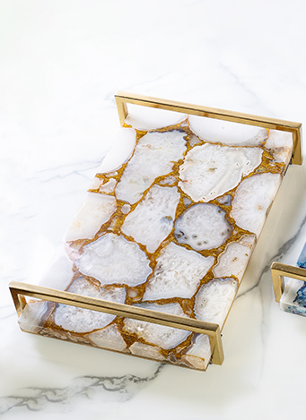 Agate Stone Tray with Gold plated metal handles.