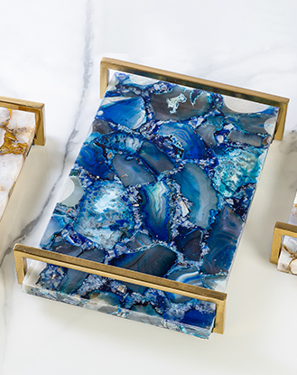 Agate Stone Tray with Gold plated metal handles.