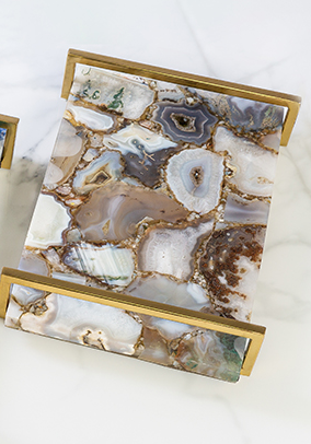 Agate Stone Tray with Gold plated metal handles.