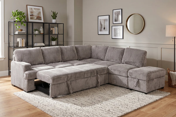 Sectional sofa bed with deep seat and large convertible bed with ottoman. Model: Tilia