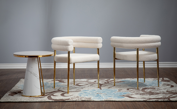 Camila Accent Chair with Boucle Fabrics and Gold Stainless Steel Base.