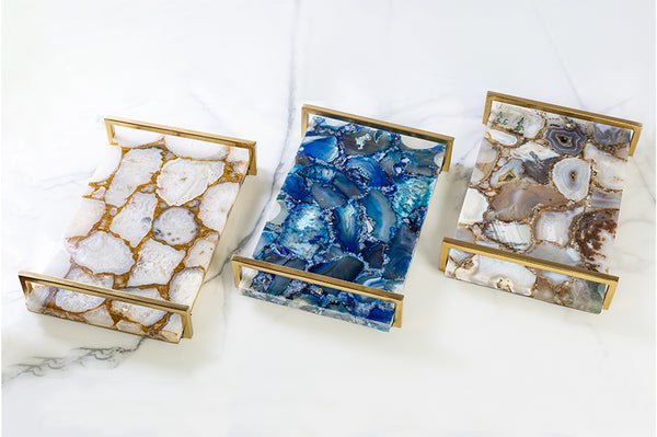 Agate Stone Tray with Gold plated metal handles.