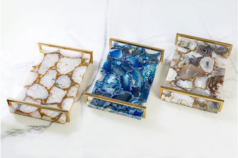 Agate Stone Tray with Gold plated metal handles.