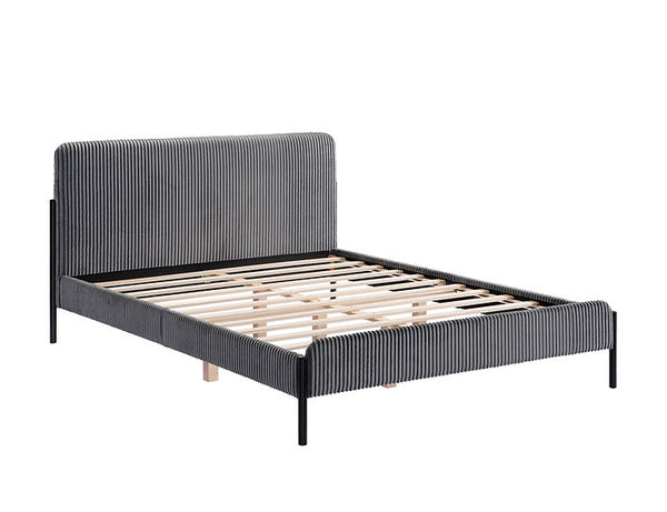 Soft Grey Corduroy Upholstered Bed with Channel-Tufted Headboard