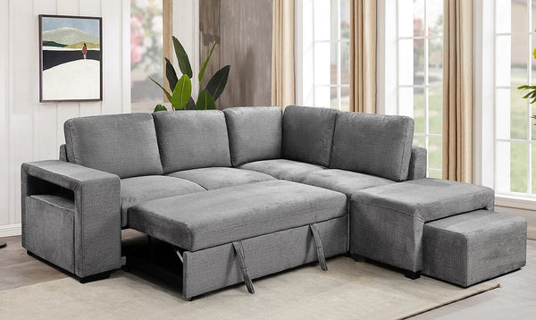 Sectional Sofa Bed with multiple storage and pull-out stool.