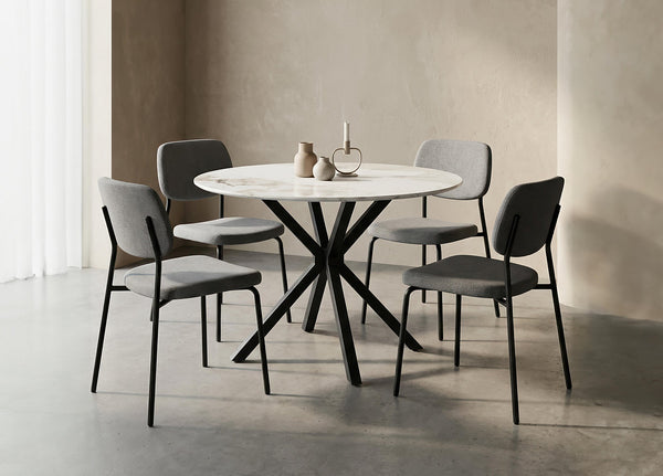 Round Dining Table in a Chanel Stone Top with Grey textured fabric Chair