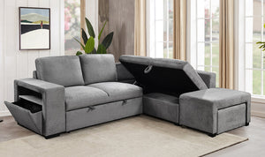 Sectional Sofa Bed with multiple storage and pull-out stool.