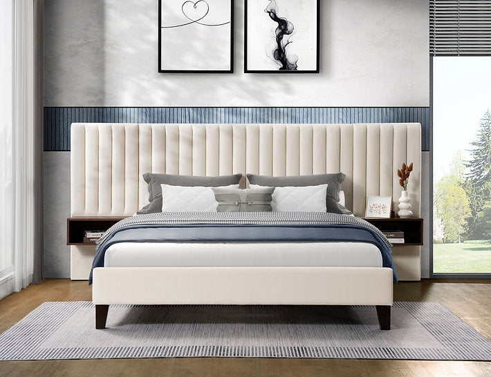 Modern style bed with extended Headboard and floating night stands.