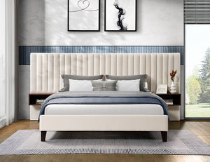 Modern style bed with extended Headboard and floating night stands.