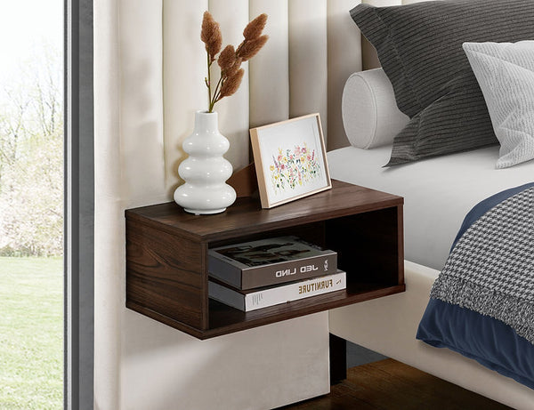 Modern style bed with extended Headboard and floating night stands.