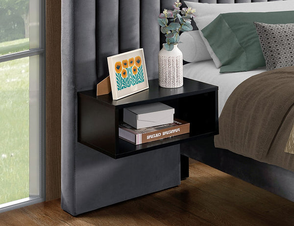Modern style bed with extended Headboard and floating night stands.