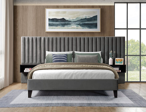 Modern style bed with extended Headboard and floating night stands.