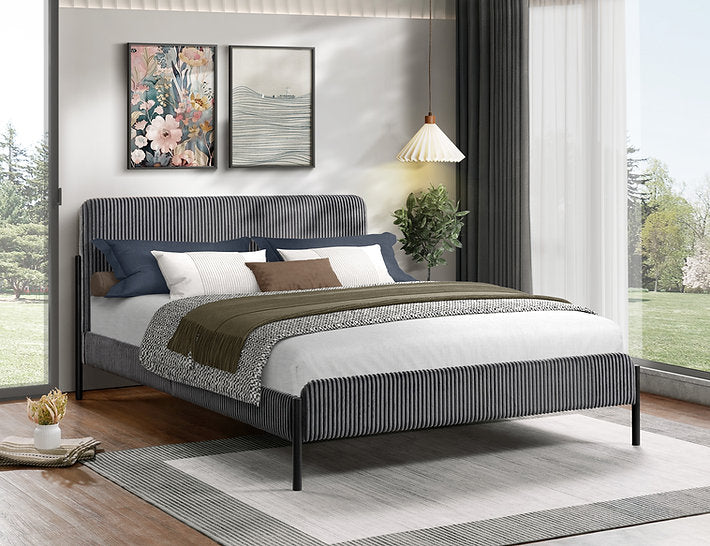 Soft Grey Corduroy Upholstered Bed with Channel-Tufted Headboard