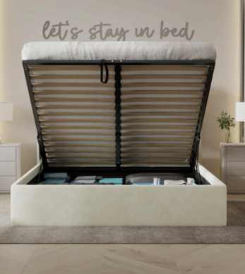 Diva Hydraulic Lift Storage Beds with Curved Pillar Headboard.