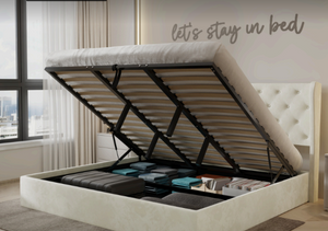 Diva Hydraulic Lift Storage Beds with Curved Pillar Headboard.